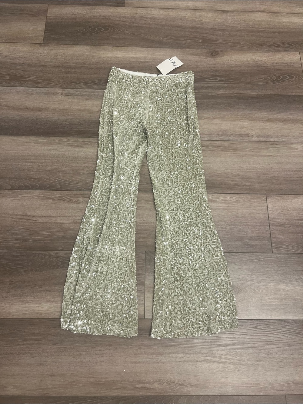 Zara Sequin Flare Pants in Light green